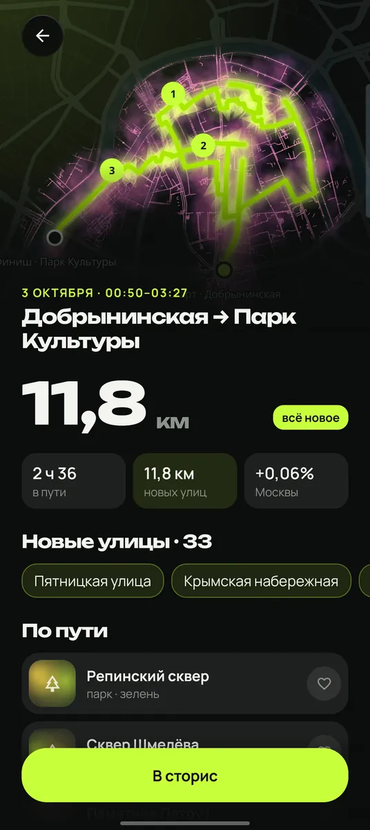 kuda: итог прогулки от Добрынинской до Парка Культуры, 11,8 км, новые улицы закрашены на карте